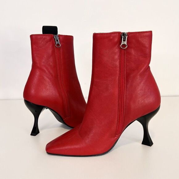 NWOB L'Intervalle Orabelle Red Leather Almond Toe Heeled Ankle Boots - Picture 5 of 8